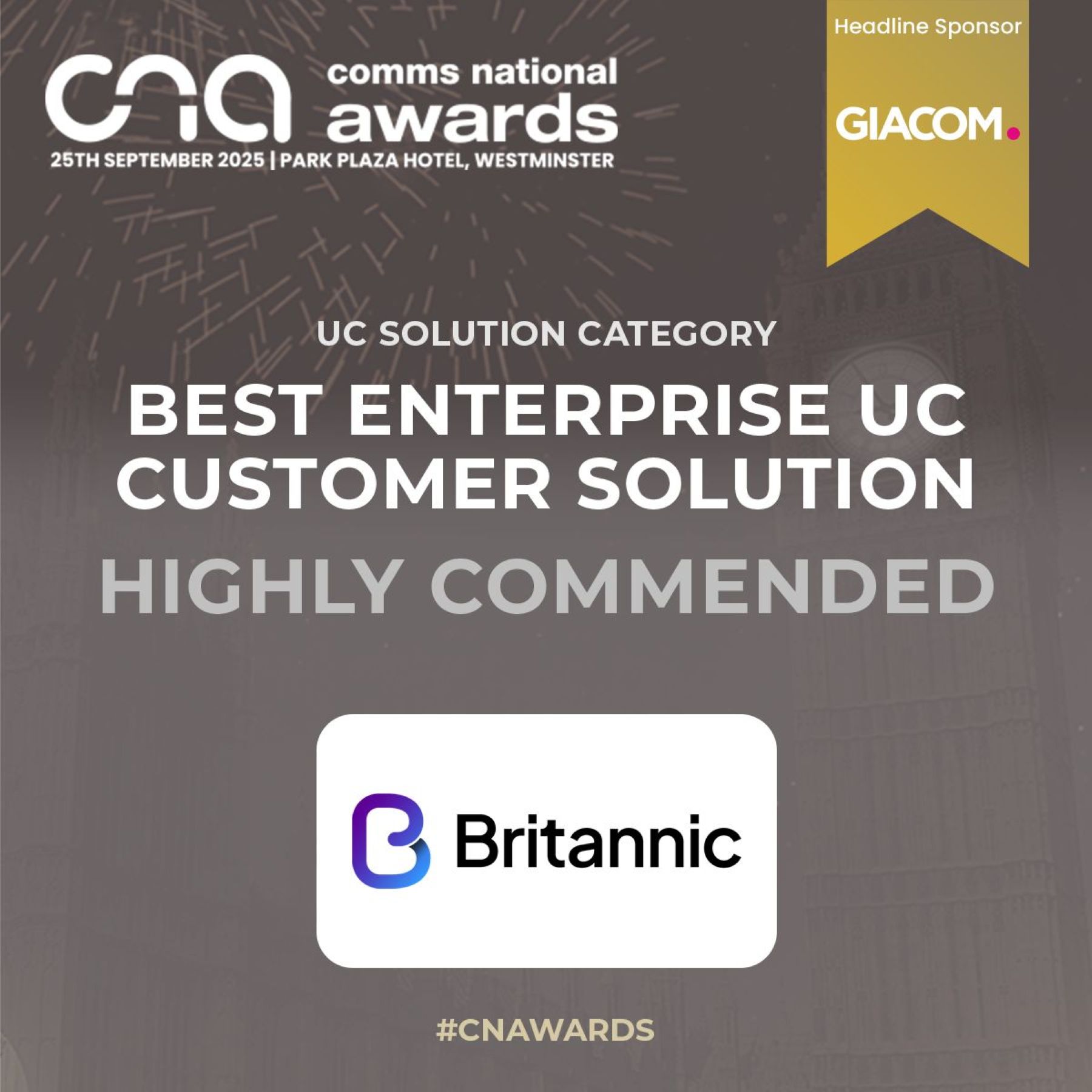 Poster stating that Britannic is highly commended for best enterprise uc customer solution
